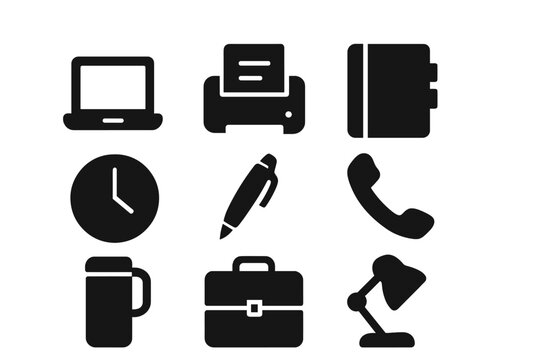Vector icon collection depicting office essentials including a laptop, printer, notebook, clock, pen, phone, mug, briefcase, and desk lamp