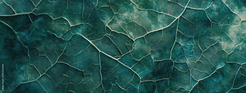 Poster detailed close up of a teal leaf with a cracked, textured surface, showing intricate vein patterns a