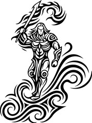 Fototapeta premium SVG vector of a dark fantasy skull entangled in twisted vines and roots. Warrior with Sword and Flames in Detailed Black and White Art