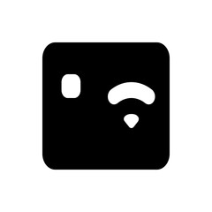 Black credit card with a white chip and a white wifi symbol on a white background in a simple style