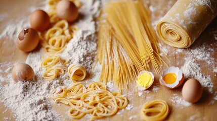 Homemade pasta making process displaying flour, uncooked pasta shapes, eggs in various forms, and rolling dough on a wooden table, showcasing culinary creativity