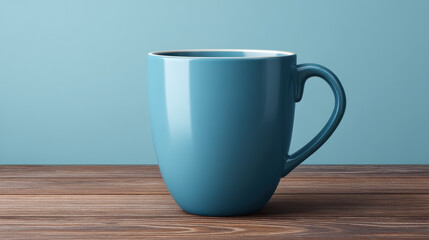 Obraz premium A single teal colored ceramic mug is placed on a dark wooden table against a light blue background in a simple and clean product shot emphasizing color and form.