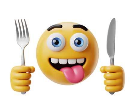 Hungry Emoji Holding Fork and Knife on Transparent Background