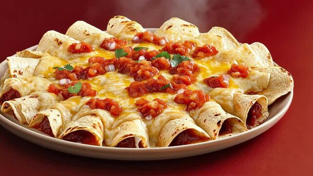 Plate of enchiladas covered in cheese and salsa