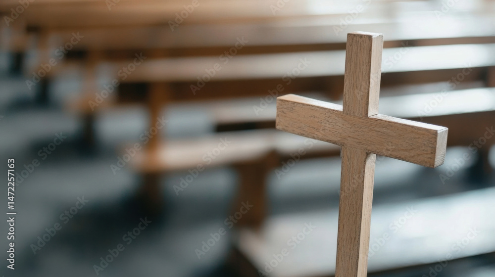 Poster a simple wooden cross stands prominently in the foreground, subtly blurred rows of church pews creat