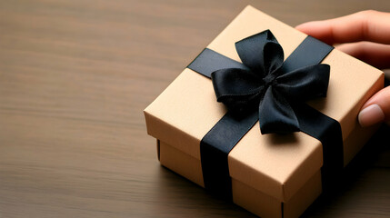 A gift box, elegantly wrapped in a light beige cardboard, adorned with a sophisticated black ribbon bow, rests on a dark wooden table. A hand gently touches the box