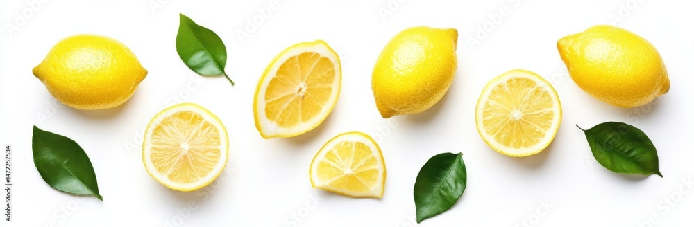 Poster a vibrant arrangement of whole and sliced lemons, accompanied by fresh green leaves, creates a zesty
