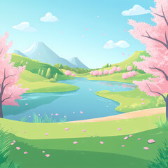Fototapeta premium Springtime Lakeside Serenity in a Blossoming Landscape