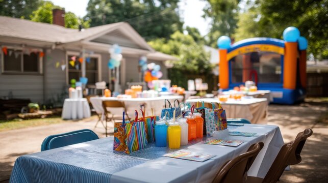 A cheerful backyard party features vibrant tables adorned with drinks and decorations, while a bounce house stands nearby, providing fun for children on a sunny day