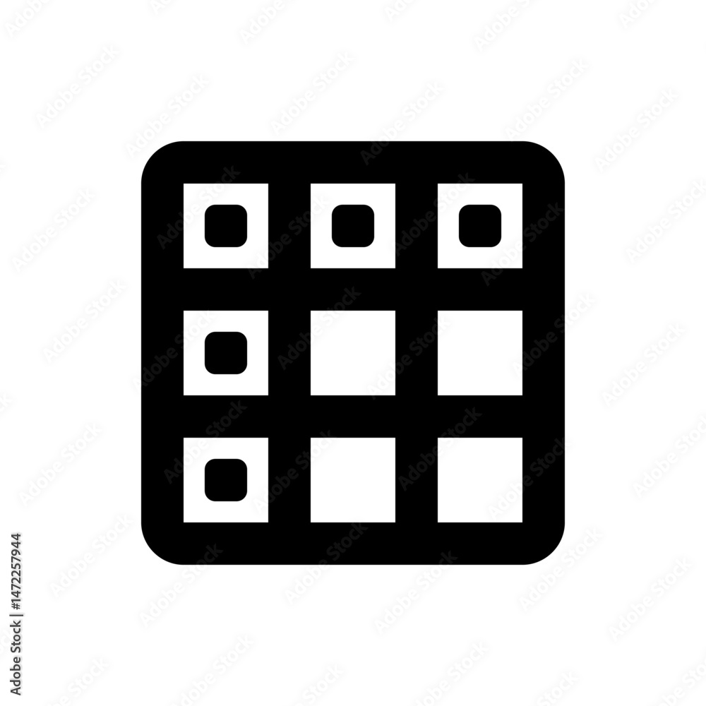 Poster black rounded square grid with smaller squares inside some filled and some empty on white background