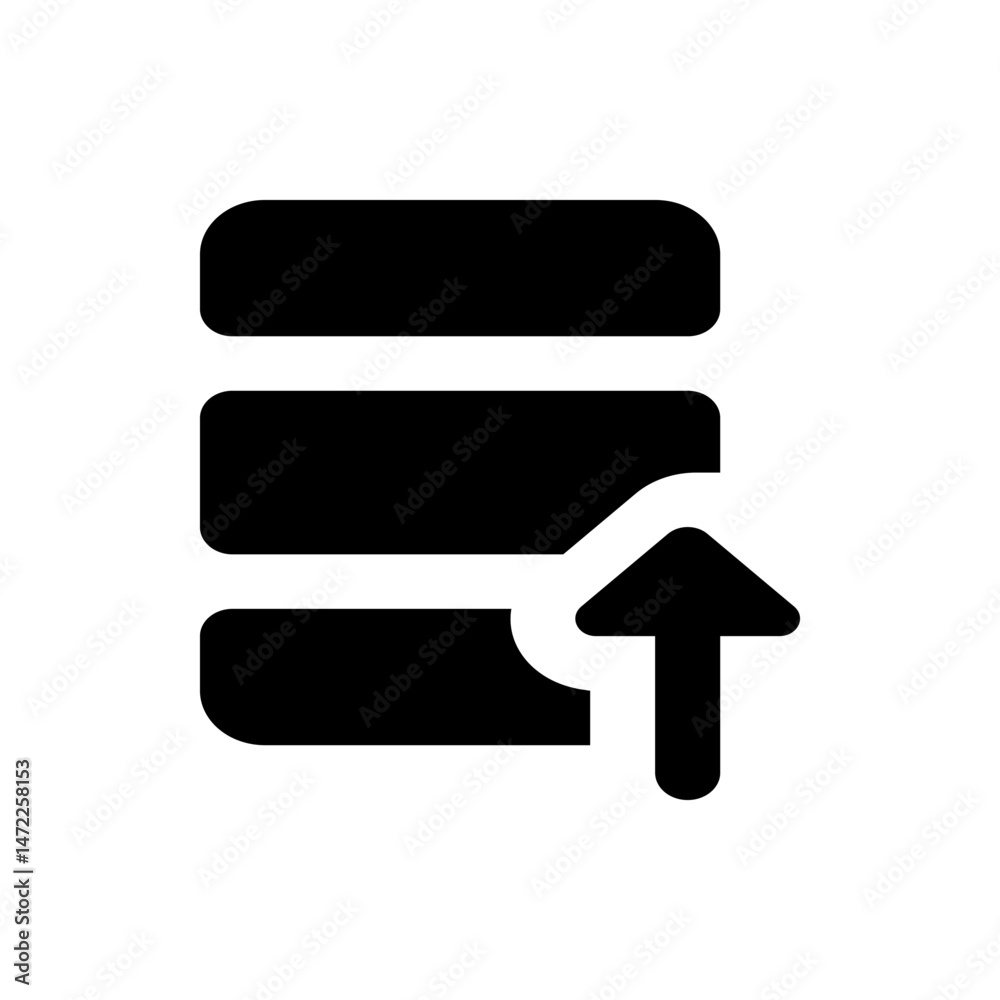 Poster black database icon with an upward pointing arrow indicating data upload and storage management syst