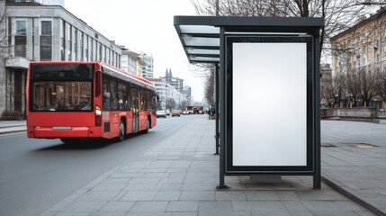 A stunning image of white empty information mock-up on city bus stop, blank vertical billboard near paved road with red touristic bus, clear placeholder frame in urban settings.