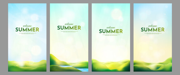 Vector illustration. Set of 3d style natural landscape. Green meadow and hills background. Clear blue sky with bokeh lights. Design for flyer, voucher, leaflet, coupon. Rural serene scene