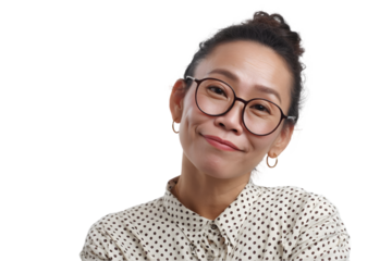 Portrait of a smiling asian woman wearing glasses and a polka dot shirt on a face girl eyes on transparent background