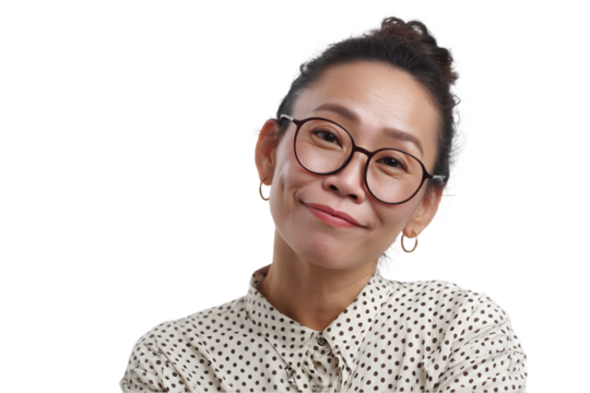 Portrait of a smiling asian woman wearing glasses and a polka dot shirt on a face girl eyes on transparent background - Powered by Adobe