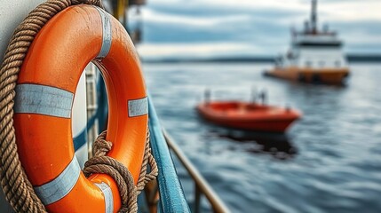 Life-buoy on ship&rsquo;s side, red tugboat on water, cloudy sky, reflections, maritime scene.