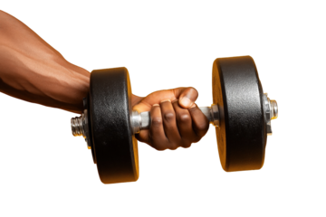 Strong man lifting heavy black dumbbell weight exercise fitness workout gym bodybuilding strength on transparent background arms