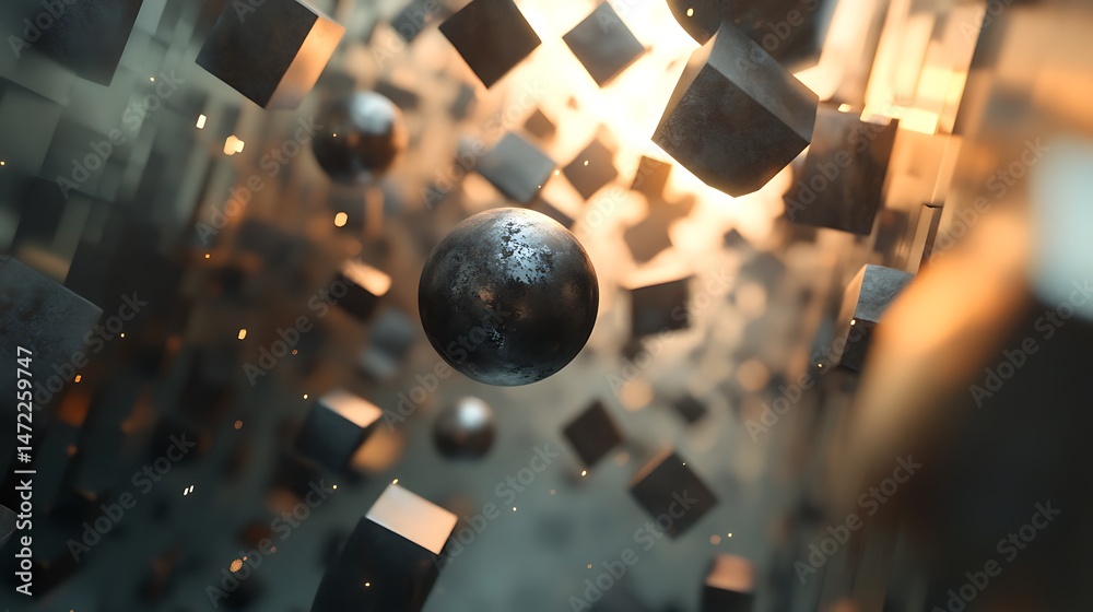 Poster abstract composition of floating textured spheres and cubes with bokeh effects