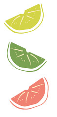 Summer Fruit Slices. Lemons, Citrus, Limes. Italian cuisine, lemon slices poster. Print for clothes. Restaurant menu.