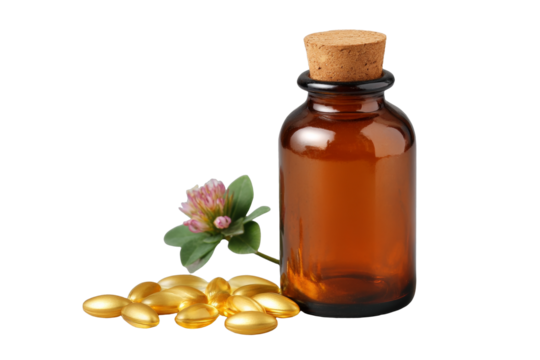 [Transparent Background PNG]Golden Capsules and Herbal Supplement Bottle on Gray Background - Powered by Adobe