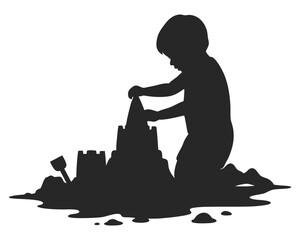 Child Playing with Sand to Build a Castle in a Playful Summer Activity at the Beach