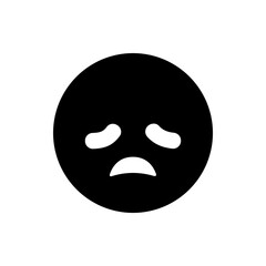 A black circle with a sad face featuring downturned eyes and mouth conveying a feeling of unhappiness or sorrow