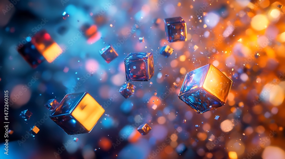 Poster luminous cubes floating in a dazzling array of blues and golden light backdrop