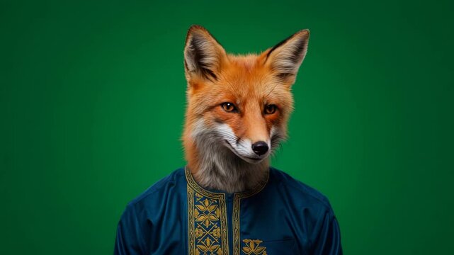 Fox head on human body with ornate blue tunic against green backdrop