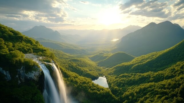 Majestic waterfall cascading through tropical jungle lush forest aerial view nature's serenity