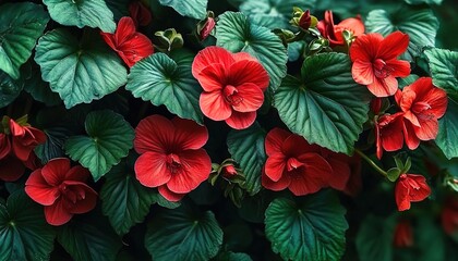 Close-up of red hibiscus-like flowers with green leaves, vibrant botanical detail.
