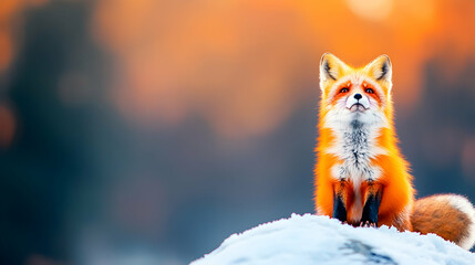 Obraz premium A vibrant red fox sits on a snowy mound, gazing upwards against a warm sunset backdrop