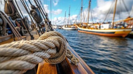 Obraz premium Coiled rope on sailing ship’s railing, harbor with other vessels, partly-cloudy sky.