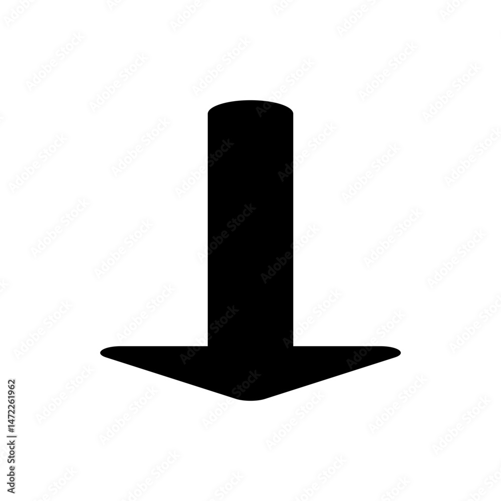 Poster a black arrow pointing downwards with a rounded top and a sharp pointed bottom on a white background