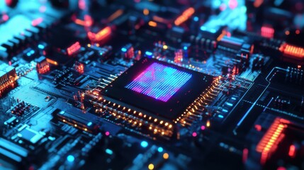 Close-up of illuminated central processing unit on circuit board