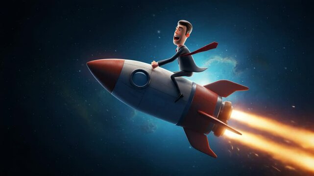 Businessman rides rocket through space achieving business success