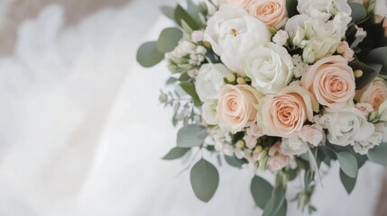 Obraz premium Elegant bridal bouquet featuring peach and white roses, peonies, and eucalyptus, perfect for wedding or event photography. : Generative AI