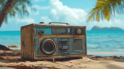 A weathered boombox with visible wear and tear, sitting on a sandy beach with the ocean in the background