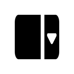 Black rectangle with rounded corners separated by a white line and a downward pointing triangle on right 100