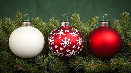 Naklejka premium Festive Christmas Ornaments on Green Pine Branch