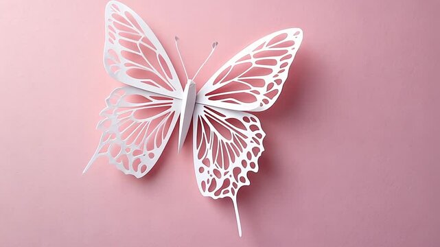 Elegant white paper butterfly on soft pink background, symbol of beauty and transformation