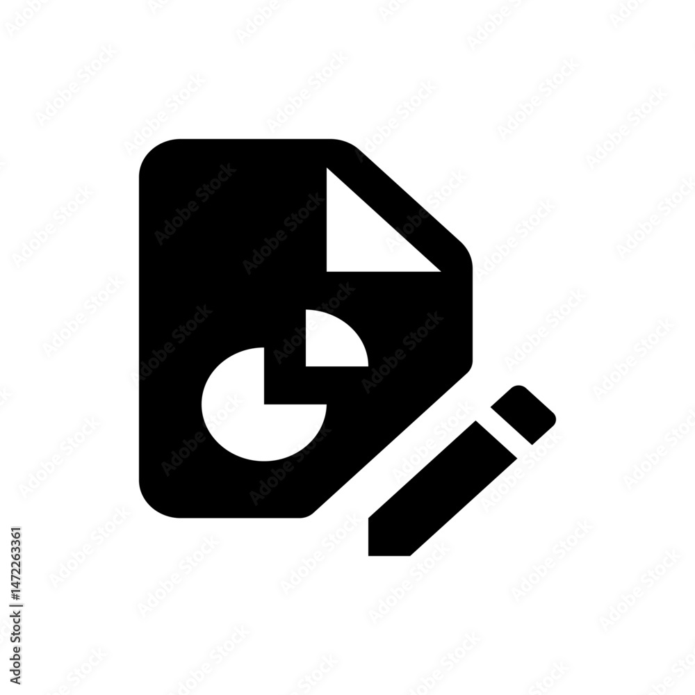 Poster black and white icon of a document with a pie chart and a pencil for editing or creating reports