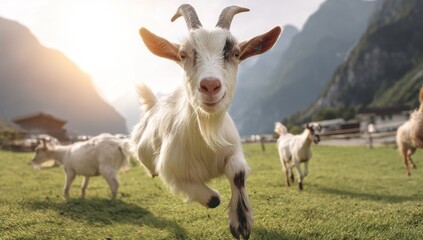 Obraz premium Playful young goat leaps across a vibrant green alpine pasture, mountains in the background, bathed in warm sunlight. : Generative AI