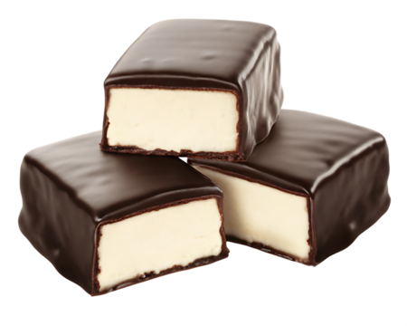 Chocolate-coated cheesecake bars with glossy dark chocolate exterior and creamy filling,isolated on white background PNG