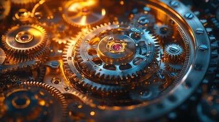Intricate gears and mechanisms, illuminated by warm light.  Complex, precise, clockwork, engineering, precision, detailed, mechanisms, movement