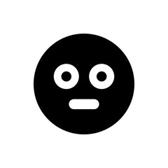 A simple black and white emoji with a circular face, two round eyes, and a short horizontal mouth shape is shown