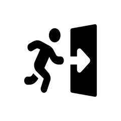 A stylized black silhouette of a person running towards a door with an arrow indicating exit direction