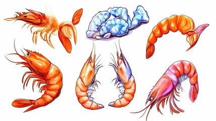 Diverse shrimp illustrations showcasing various cooking stages and colors