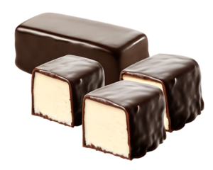 Chocolate-coated cheesecake bars with glossy dark chocolate exterior and creamy filling,isolated on white background PNG