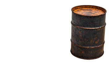 Naklejka premium Old, rusty metal barrel with a weathered surface. Png, Transparent background.