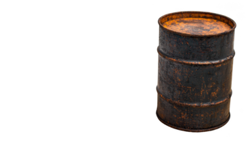 Old, rusty metal barrel with a weathered surface. Png, Transparent background.